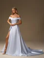 A-line Off-the-Shoulder Pleated Chapel Train Satin Corset Wedding Dress