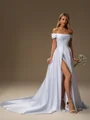 A-line Off-the-Shoulder Pleated Chapel Train Satin Corset Wedding Dress