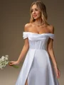 A-line Off-the-Shoulder Pleated Chapel Train Satin Corset Wedding Dress
