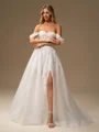 A-line Off-the-Shoulder Appliques Lace Court Train Tulle Corset Wedding Dress