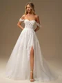 A-line Off-the-Shoulder Appliques Lace Court Train Tulle Corset Wedding Dress