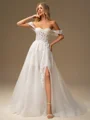 A-line Off-the-Shoulder Appliques Lace Court Train Tulle Corset Wedding Dress