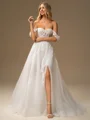 A-line Off-the-Shoulder Appliques Lace Court Train Tulle Corset Wedding Dress