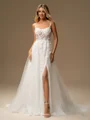 A-line Spaghetti Straps Appliques Lace Court Train Tulle Corset Wedding Dress