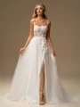 A-line Spaghetti Straps Appliques Lace Court Train Tulle Corset Wedding Dress