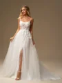 A-line Spaghetti Straps Appliques Lace Court Train Tulle Corset Wedding Dress