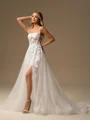 A-line Square Appliques Lace Court Train Tulle Corset Wedding Dress