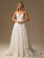 A-line V-neck Appliques Lace Chapel Train Tulle Wedding Dress