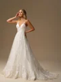 A-line V-neck Appliques Lace Chapel Train Tulle Wedding Dress
