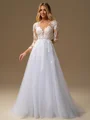 A-line Scoop Long Sleeves Appliques Lace Court Train Tulle Wedding Dress