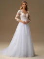 A-line Scoop Long Sleeves Appliques Lace Court Train Tulle Wedding Dress