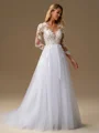 A-line Scoop Long Sleeves Appliques Lace Court Train Tulle Wedding Dress