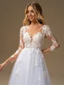 A-line Scoop Long Sleeves Appliques Lace Court Train Tulle Wedding Dress