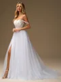 A-line Off-the-Shoulder Appliques Lace Court Train Tulle Corset Wedding Dress