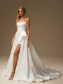 A-line Spaghetti Straps Chapel Train Satin Wedding Dress