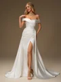 Sheath Off-the-Shoulder Pleated Chapel Train Satin Convertible Wedding Dress