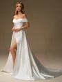 Sheath Off-the-Shoulder Pleated Chapel Train Satin Convertible Wedding Dress