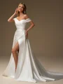 Sheath Off-the-Shoulder Pleated Chapel Train Satin Convertible Wedding Dress