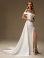 Sheath Off-the-Shoulder Pleated Chapel Train Satin Convertible Wedding Dress
