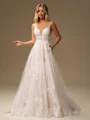 A-line Scoop Appliques Lace Sweep Train Tulle Wedding Dress