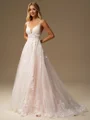 A-line Scoop Appliques Lace Sweep Train Tulle Wedding Dress