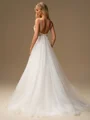 A-line V-neck Appliques Lace Sweep Train Tulle Wedding Dress