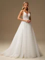 A-line V-neck Appliques Lace Sweep Train Tulle Wedding Dress