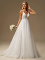 A-line V-neck Appliques Lace Sweep Train Tulle Wedding Dress