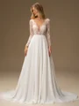 A-line Scoop Long Sleeves Appliques Lace Court Train Chiffon Wedding Dress