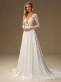 A-line Scoop Long Sleeves Appliques Lace Court Train Chiffon Wedding Dress