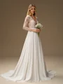 A-line Scoop Long Sleeves Appliques Lace Court Train Chiffon Wedding Dress