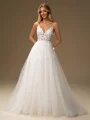 A-line V-neck Appliques Lace Sweep Train Tulle Wedding Dress