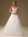 A-line V-neck Appliques Lace Sweep Train Tulle Wedding Dress
