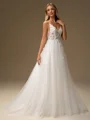 A-line V-neck Appliques Lace Sweep Train Tulle Wedding Dress