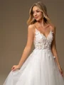 A-line V-neck Appliques Lace Sweep Train Tulle Wedding Dress