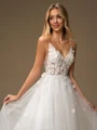 A-line V-neck Appliques Lace Sweep Train Tulle Wedding Dress