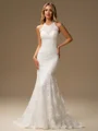 Sheath Scoop Sweep Train Lace Wedding Dress