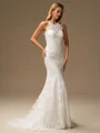 Sheath Scoop Sweep Train Lace Wedding Dress