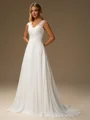 A-line V-neck Appliques Lace Sweep Train Chiffon Wedding Dress