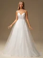A-line Spaghetti Straps Appliques Lace Sweep Train Tulle Wedding Dress