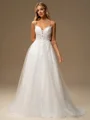 A-line Spaghetti Straps Appliques Lace Sweep Train Tulle Wedding Dress