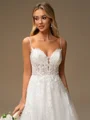 A-line Spaghetti Straps Appliques Lace Sweep Train Tulle Wedding Dress