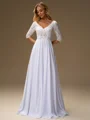 A-line V-neck 3/4 Sleeves Appliques Lace Floor-Length Chiffon Wedding Dress