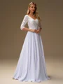 A-line V-neck 3/4 Sleeves Appliques Lace Floor-Length Chiffon Wedding Dress