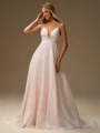 A-line V-neck Appliques Lace Court Train Organza Wedding Dress