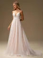 A-line V-neck Appliques Lace Court Train Organza Wedding Dress
