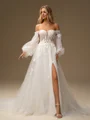 A-line Sweetheart Long Sleeves Appliques Lace Chapel Train Tulle Corset Wedding Dress
