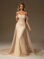 Sheath Off-the-Shoulder Pleated Cathedral Train Corset Convertible Wedding Dress