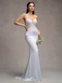 Sheath V-neck Appliques Lace Sweep Train Satin Chiffon Wedding Dress