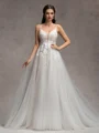 A-line V-neck Appliques Lace Chapel Train Tulle Wedding Dress